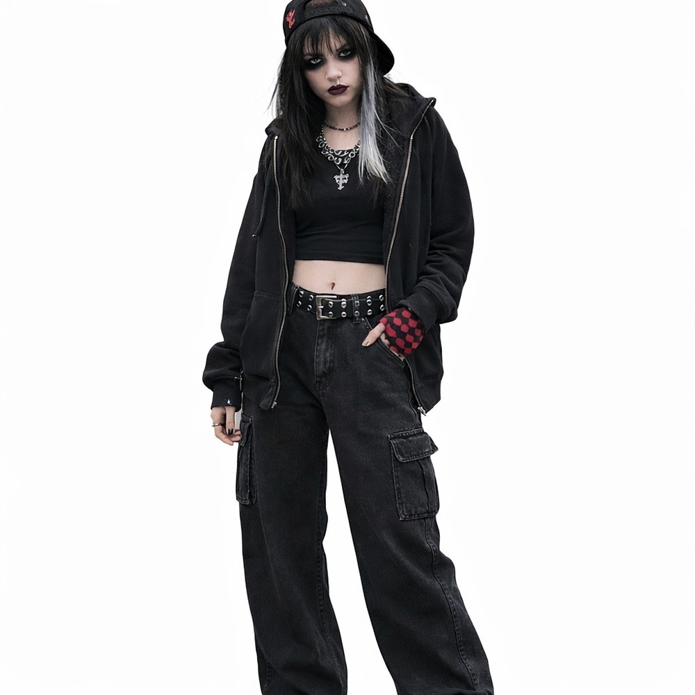 Aeropostale High Rise Wide Leg Black Cargo Goth Y2K Style‎ Utility Jean Skater 8